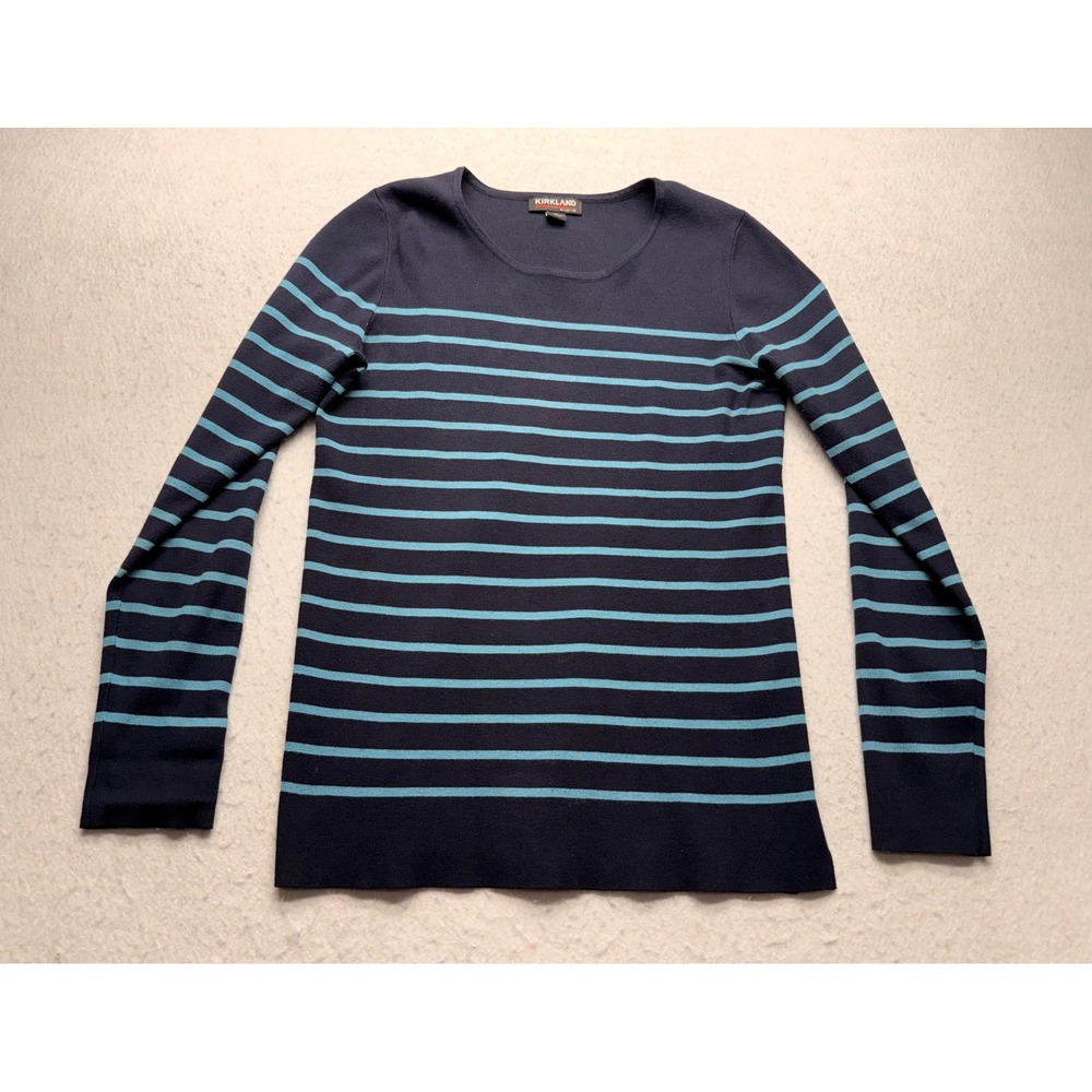 Kirkland Signature Womens Navy Blue Light Blue Striped Crewneck Sweater Small